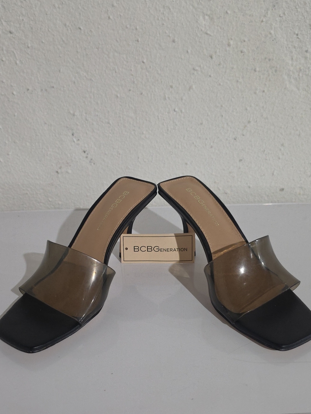 BCBGeneration Maxari Black Slide Heels with Smoky Clear Strap Sz. 6/36
